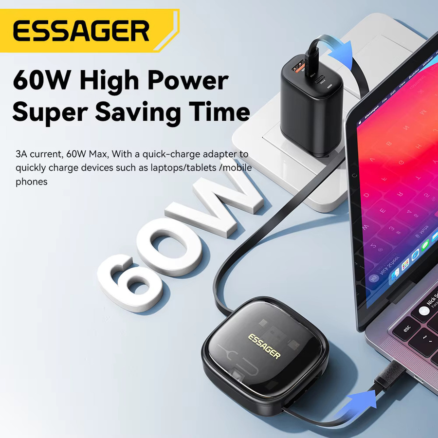 Essager 60W Schnellladegerät mit USB-C zu Type-C und Micro-USB Kabeln sowie praktischer Aufbewahrungsbox und Telefonhalter - Bild 3