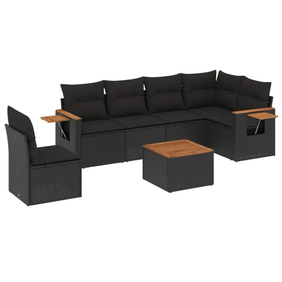 vidaXL 7-teilige Garten-Sofagarnitur in L-Form aus Poly-Rattan und Akazienholz mit Kissen in Schwarz - Bild 2