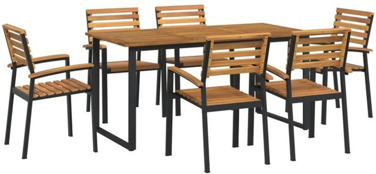 7-teilige Garten-Essgruppe aus Akazienmassivholz und Metall in Braun im Industrial-Design von vidaxl, Tisch B: 160 cm, H: 80 cm - Bild 1