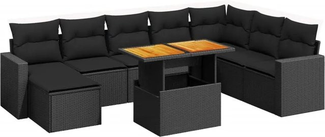 vidaXL 9-teilige Garten-Sofagarnitur aus Poly-Rattan und Akazienholz in Schwarz mit Kissen - Bild 1