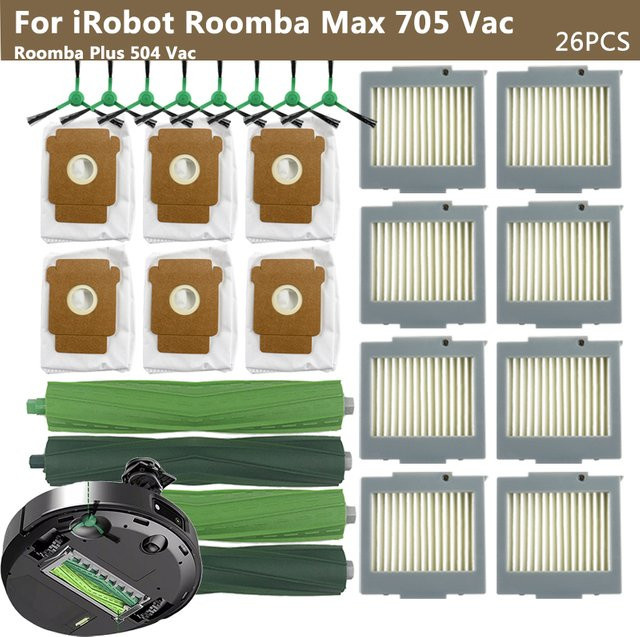 Ersatzteil-Set für iRobot Roomba Max 705 Vac und Roomba Plus 504 Vac mit Hauptbürste, Seitenbürste, HEPA-Filter und Staubbeuteln - Bild 1