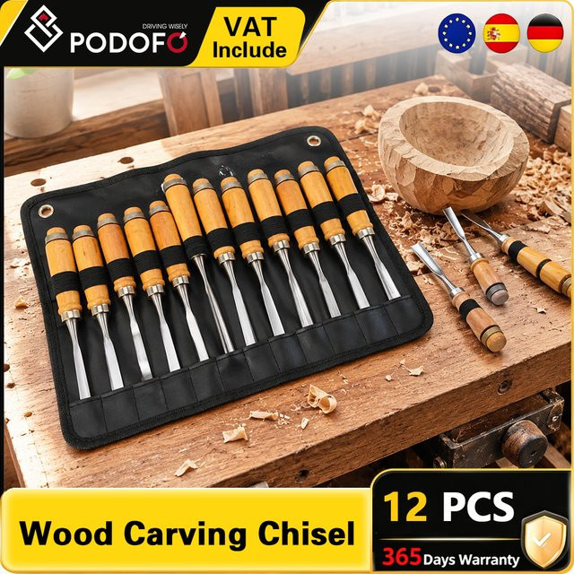 Podofo 12-teiliges Holzschnitzmeißel-Set aus Kohlenstoffstahl mit Holzgriffen und Tragetasche in Mehrfarbig - Bild 1