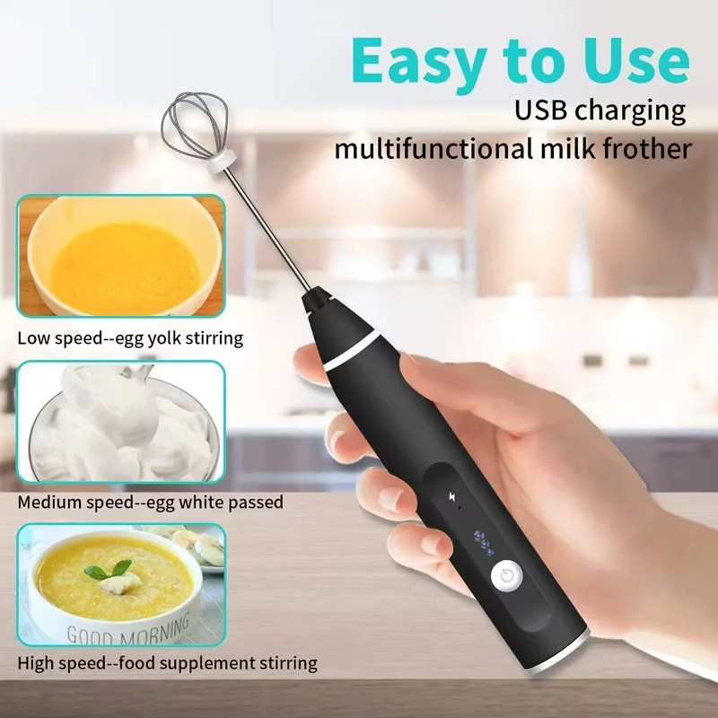 XIADYINJIA Elektrischer Handmixer in Schwarz, Wiederaufladbarer 3-Gang Milchaufschäumer und Eierschläger aus Kunststoff - Bild 3