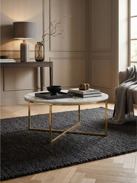 KADIMA DESIGN Couchtisch mit Marmor-Optik in Weiß und Gold, Rund, Modern, Durchmesser: 80 cm, Höhe: 36 cm - Bild 1