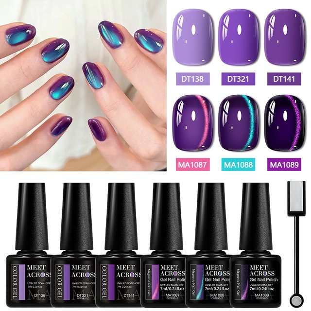 MEET ACROSS Gel-Nagellack-Set, Lila-Goldene Flamme, Glitzer, Schimmernd - Bild 1