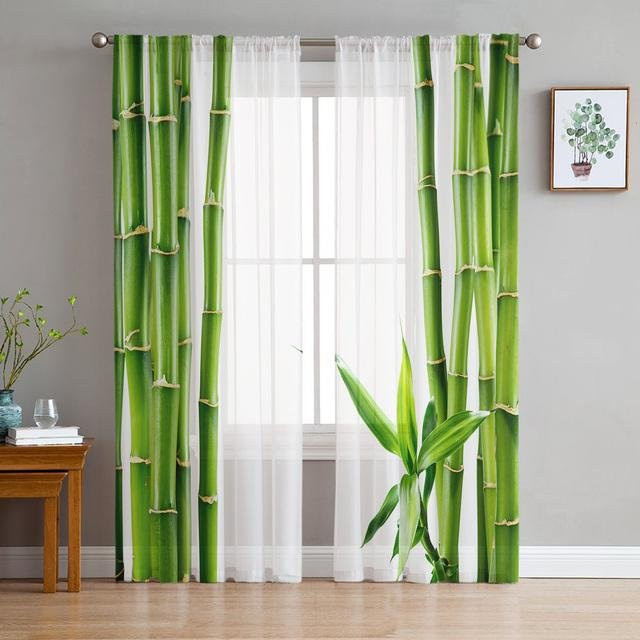 A Family Of Home Textiles Transparente Tüll-Vorhänge mit grünem Bambusblatt-Design, 2er-Set, Farbe: Grün/Transparent, B: 135 cm, H: 114 cm - Bild 1