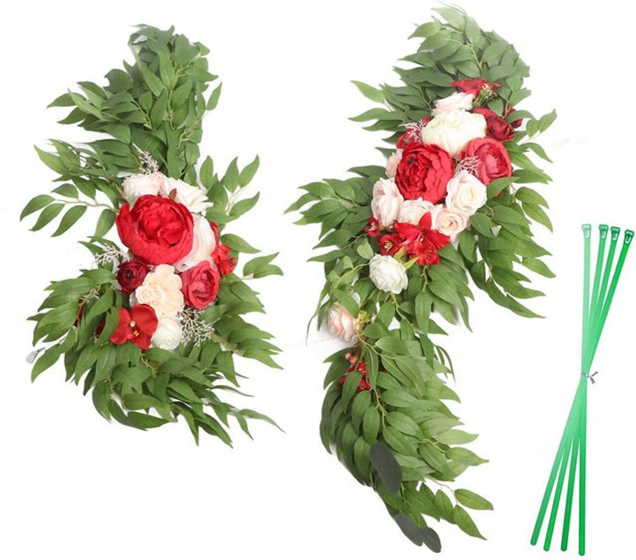 KONNWEI Kunstblumen Girlande aus rotem Seidenstoff mit Pfingstrosen für Hochzeitsdekorationen - Bild 1