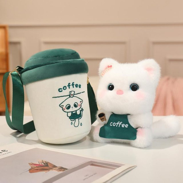 Yiran Health & Beauty Kawaii Kaffee Katze Plüschtasche 2-in-1, Plüschtier - Bild 1