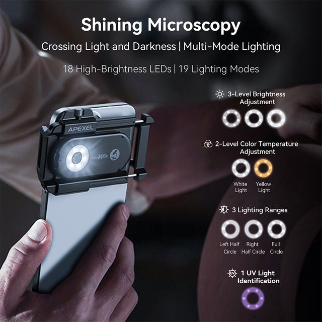 APEXEL 300x Mikroskopobjektiv-Set für Smartphones mit LED-Licht in Schwarz - Bild 1