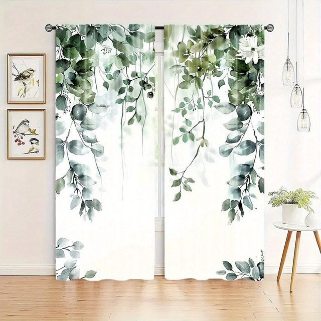 Yiran Furniture Vorhänge im Landhausstil mit grünem Blumen- und Blättermuster, 2er-Set, semi-transparent, Farbe: Grün, B: 100 cm, H: 160 cm - Bild 1