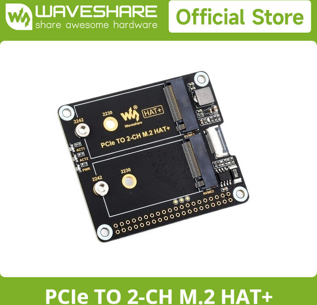 Waveshare PCIe-zu-2-Kanal-M.2-Adapter für NVMe SSD (2230/2242), Raspberry Pi 5 M.2-HAT, Schwarz - Bild 1