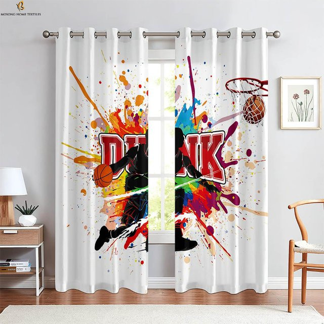 2-teiliges Set dekorative Vorhänge mit Flammen-Basketball-Motiv aus Polyester, halbtransparent, B: 50 cm, H: 130 cm - Bild 1