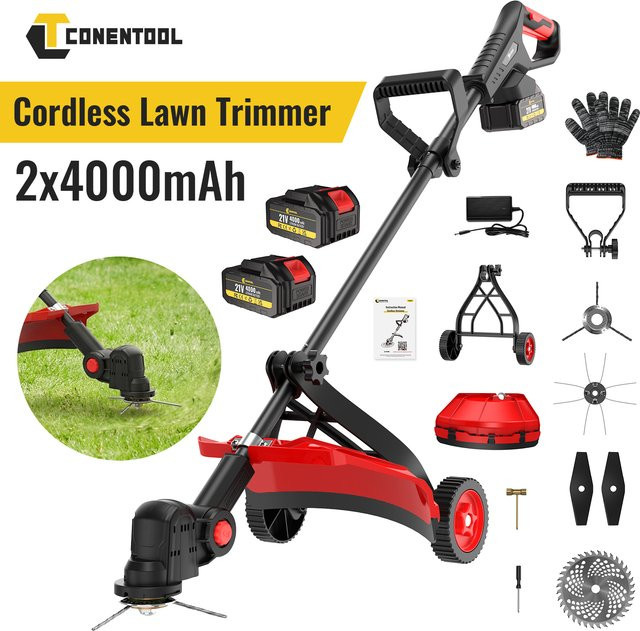 CONENTOOL Akku-Rasentrimmer 21V mit 2000W und 36000 U/min, bürstenloser Elektrorasenmäher in Rot mit 2x 4000mAh Akkus, 10 Zoll Schneidbreite, Stützrädern und mehreren Schneidklingen für Gras, Unkraut und Rasenkanten - Bild 1