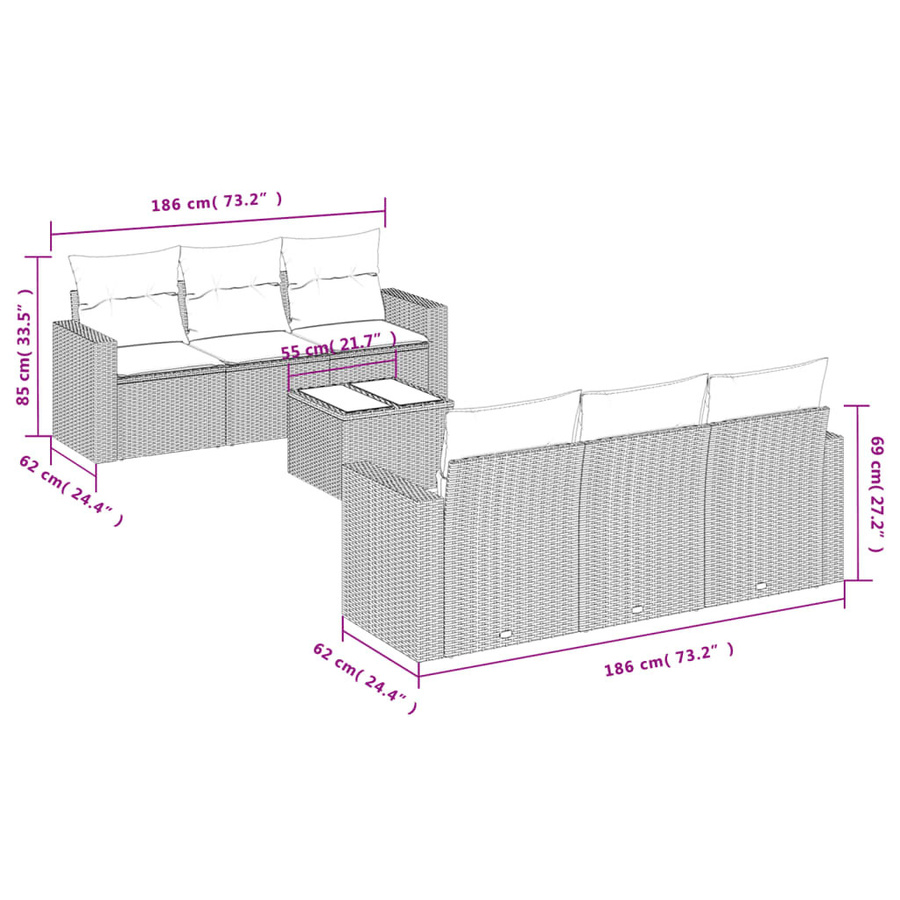 vidaXL 7-teilige Garten-Sitzgruppe aus Polyrattan in Braun mit Kissen und L-Form - Bild 3