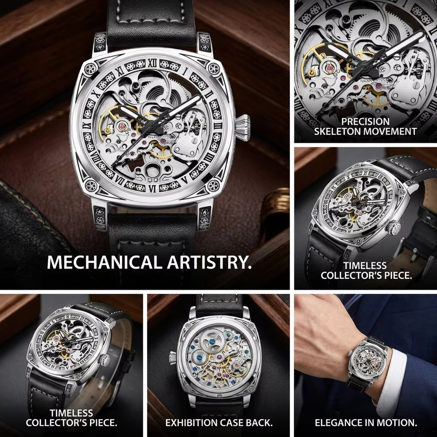 CAROTIF Armbanduhr, Mechanisch, Silber, Leder, Herren - Bild 5