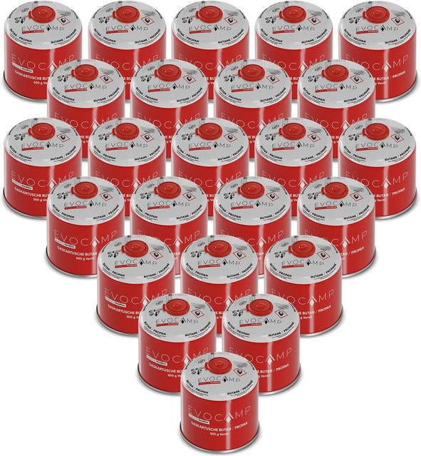 Evocamp Gaskartuschen Set 24 Stück mit Butan Propan, 500 g pro Kartusche, Schraubventil 7/16 Zoll-Gewindeanschluss nach EN 417 für Campingkocher und Gasgrills - Bild 1