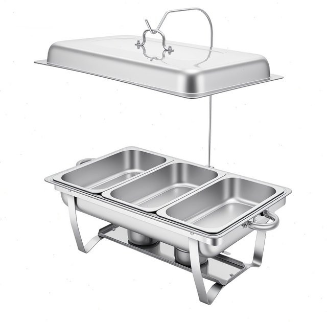 Bymaocar Quadratischer Buffet-Chafing-Dish aus Edelstahl in Silber, 3-Fach Speisenwärmer mit Hängedeckel für professionelles Catering, Restaurants und Bankette - Bild 1