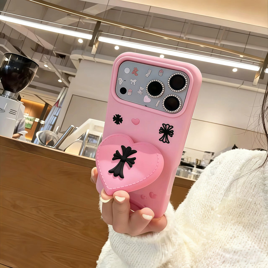 ZHUOHUAN Gothic Y2K Handyhülle mit ausziehbarem Standfuß für iPhone 15 14 13 16 17 Pro Max Plus in Pink, stoßfeste Silikon Schutzhülle mit Kreuz-Herz Design - Bild 2
