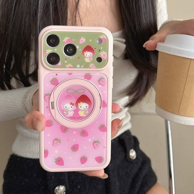 Korea Star Hello Kitty Handyhülle mit Erdbeer-Design und Linsenschutz für Apple iPhone 17 16 15 Pro Max in Pink mit magnetischer Halterung und stoßfestem Schutz - Bild 1