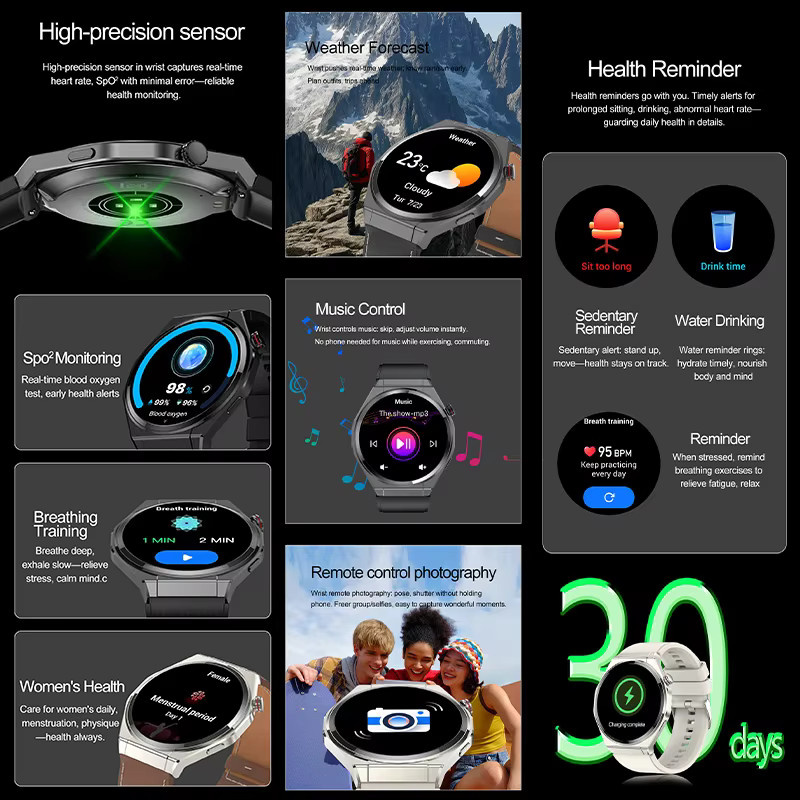 Yaocx NFC Smartwatch mit 1,43 Zoll HD-Display, Herzfrequenzmessung, Musikplayer, Sprachassistent, Bluetooth-Anruffunktion und IP67 Wasserdichtigkeit, Schwarz, Unisex - Bild 5