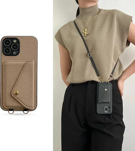 Leder Umhängetasche mit Kartenhalter und Geldbörse für iPhone in Pink - Bild 1