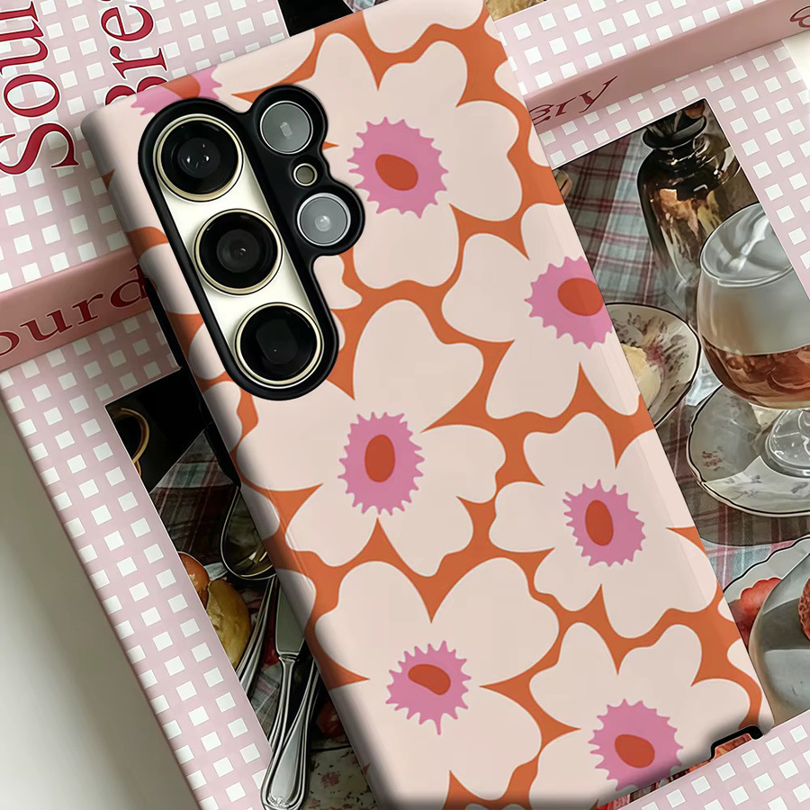 Stoßfeste Handyhülle mit Retro Blumenmuster in Orange für Samsung Galaxy S25 Ultra, S24 und S23 Ultra Plus, robuste Doppelschicht Rückabdeckung - Bild 3