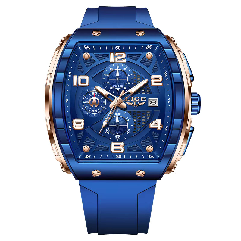 LIGE Armbanduhr Chronograph, Eckig, Edelstahl, Blau, Silikon, Herren - Bild 6