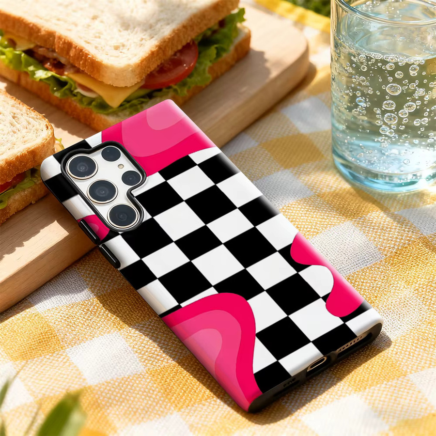 Handyhülle für Samsung Galaxy S25 Ultra, S24 und S23 Ultra Plus in Rosa-Schwarz kariert mit glänzender doppellagiger Rückseite - Bild 3