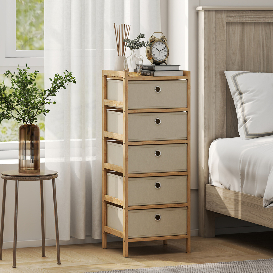 HOMCOM Kommode aus Bambus mit 5 Stoffschubladen in Creme und Natur für Schlafzimmer, Wohnzimmer und Büro - Bild 2