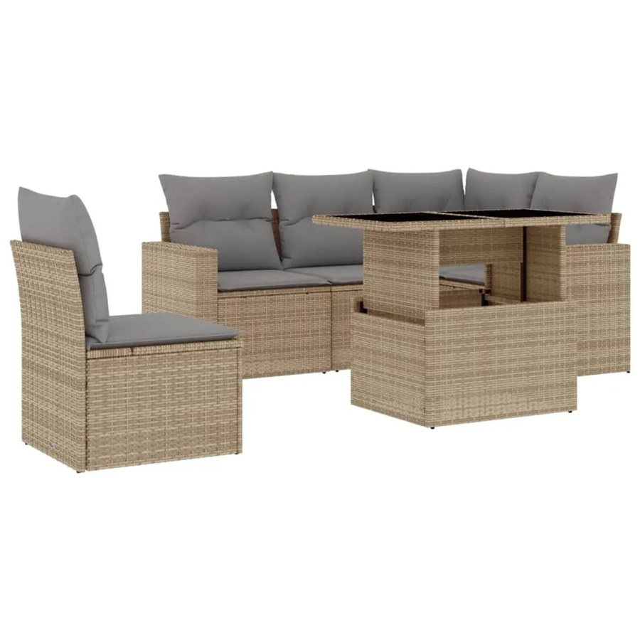 vidaXL 6-tlg Garten-Sofagarnitur in L-Form aus beigem Poly-Rattan mit Kissen und pulverbeschichtetem Stahlgestell - Bild 2