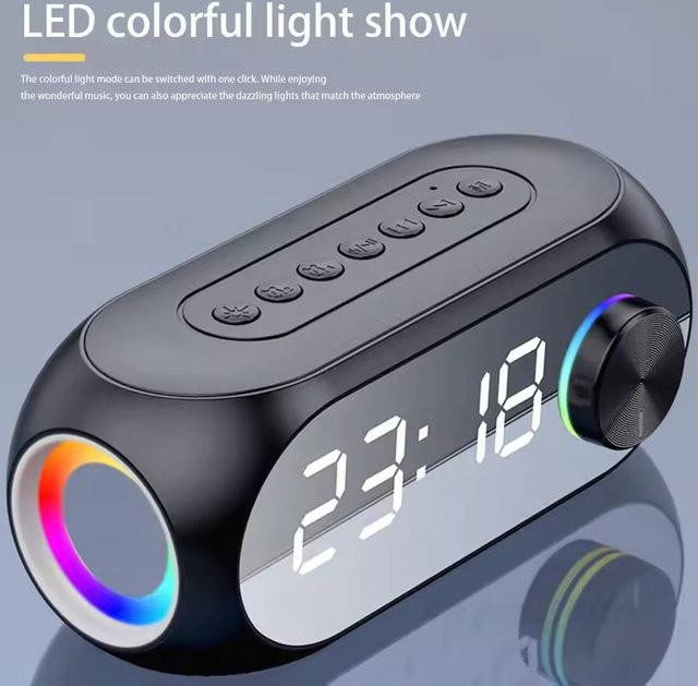 Tragbarer Bluetooth-Lautsprecher von AyeBeau mit Wecker, FM-Radio, Subwoofer und Lampen-Funktion in Schwarz - Bild 1