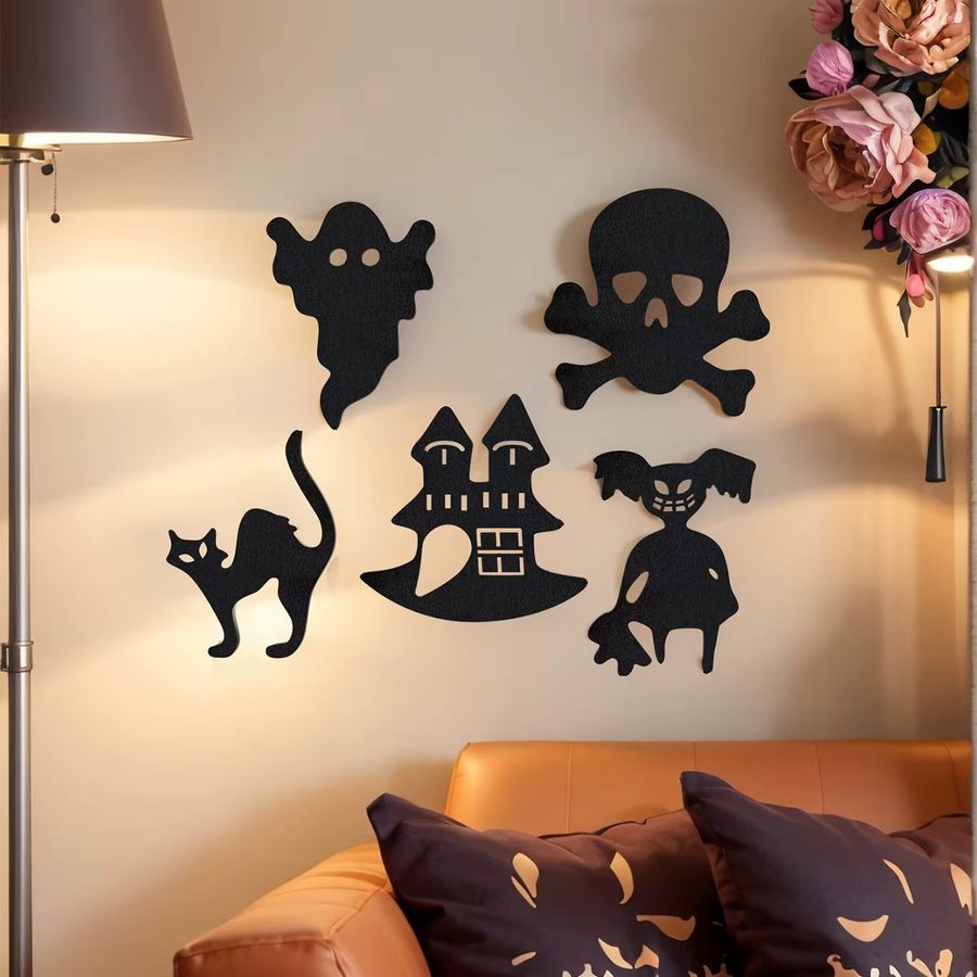 5 Stück Halloween Wanddekoration aus Vliesstoff in Schwarz als hängende Ornamente - Bild 3