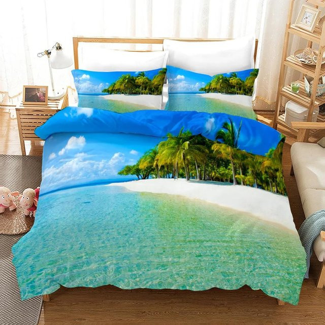 Bettbezug Set Your Warm Home mit Kissenbezug Tropisches Insel Palmen Design Blau aus Polyester B/H: 135 x 200 cm - Bild 1