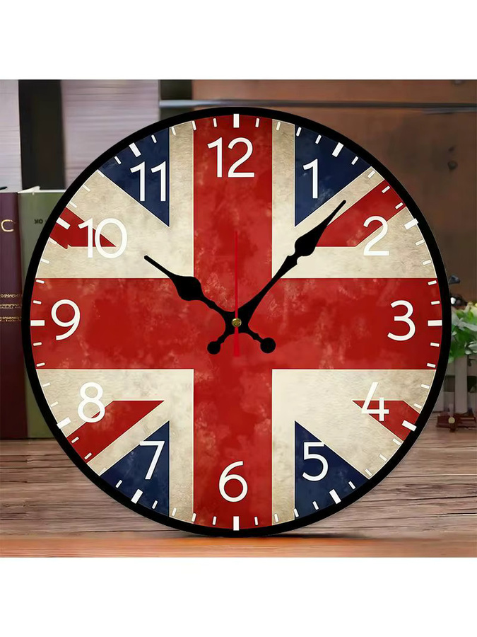 Runde Wanduhr aus Holz mit Flaggen-Design in Multicolour, geräuschloses analoges Zifferblatt für Wohnzimmer, Büro und Schlafzimmer - Bild 7