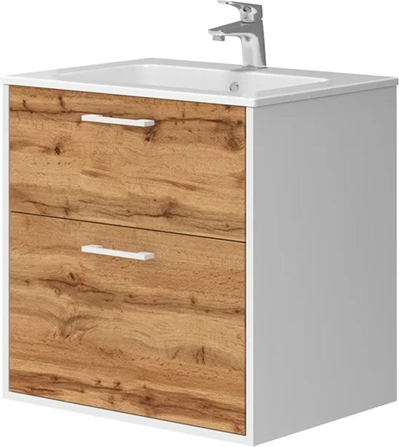 Vicco Badmöbel-Set Lanco modern in Weiß und Goldkraft Eiche mit Waschtisch und Spiegelschrank B/H/T: 61,5 x 60,0 x 45,5 cm - Bild 1