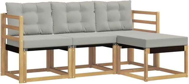 vidaXL Outdoor-Sofagarnitur 4-teilig aus Akazienholz und Textilene in Weiß-Hellgrau mit Kissen und Armlehnen - Bild 1