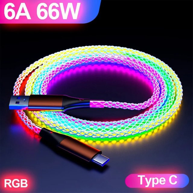 RGB USB-A auf USB-C Schnellladekabel 66W 6A mit Leuchteffekt, Multicolour Datenkabel für iPhone 16 15, Xiaomi, Samsung und POCO - Bild 1