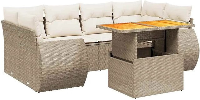 vidaXL 7-teilige Garten-Sofagarnitur in L-Form aus Poly-Rattan und Akazienholz mit Kissen in Beige und Cremeweiß - Bild 1