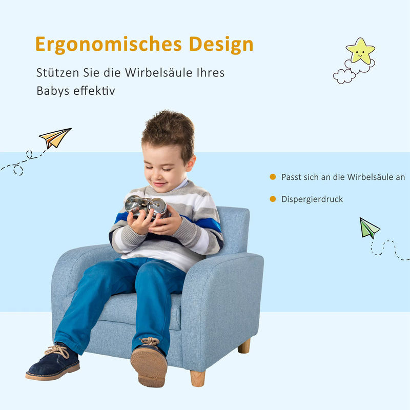 HOMCOM Kindersessel aus Leinen und Schaumstoff mit Holzfüßen in Blau, B/T/H: 49 x 45 x 44,5 cm - Bild 3