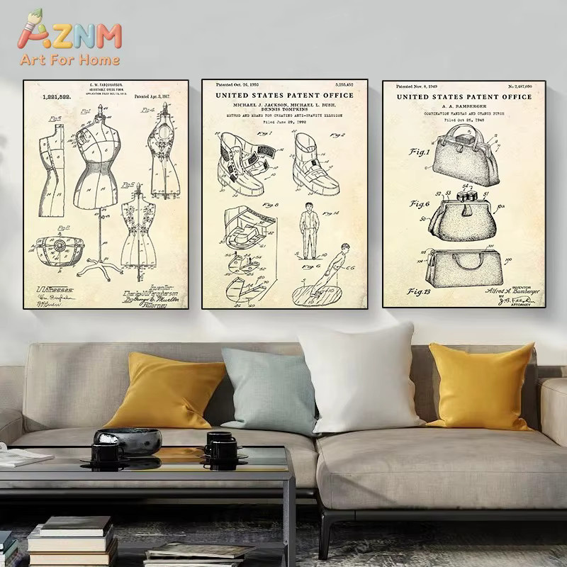Kayou Vintage Fashion Patent Canvas Wandkunst Beige mit Korsett und Schuhtaschen Blueprint-Druck - Bild 2