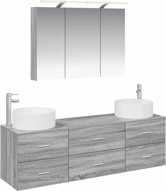 vidaXL Badezimmermöbel-Set 4-teilig in Grau Sonoma, Waschbeckenunterschrank und Wandunterschrank mit LED-Beleuchtung und Glasfronten - Bild 1