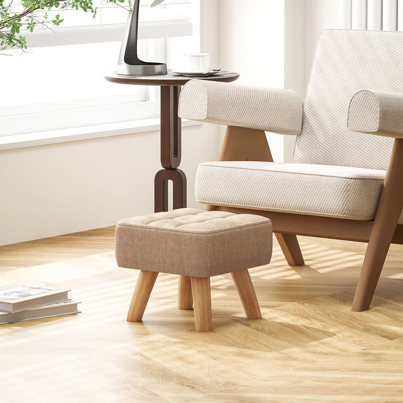 HOMCOM Polsterhocker in Leinenoptik mit Holzbeinen, moderner Sitzhocker und Ottomane für Wohnzimmer und Schlafzimmer, Braun/Beige - Bild 2