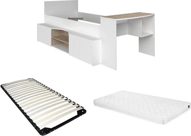 Bettkombination Jochiane in Naturfarben Hell und Weiß mit Nachttischregalen für dein Schlafzimmer - Bild 1