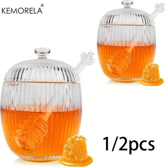 KEMORELA Honigglas aus Glas mit Deckel und Schöpflöffel, transparent gestreift, 230 ml - Bild 1
