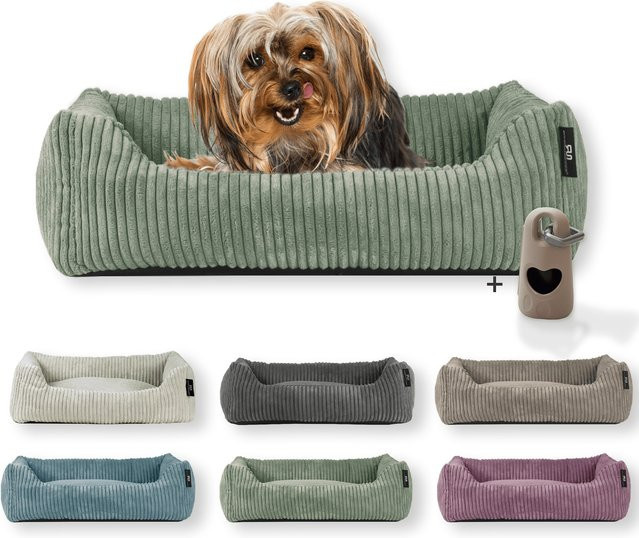 Rohrschneider Tierbett aus Cordstoff in Taupe mit faltbarem Reisenapf, Größe 1 - Bild 1