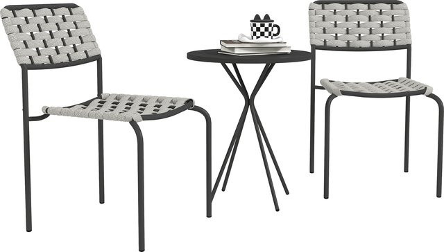 Outsunny Polyrattan Gartenmöbel Set Grau, 3-teilige Outdoor Lounge Sitzgruppe für 2 Personen mit Tisch und 2 stapelbaren Stühlen - Bild 1
