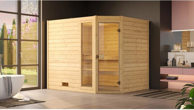 WEKA Massivholzsauna Valida Eck 3 in Braun mit 7,5 kW Ofen und externer Steuerung für 6 Personen - Bild 1