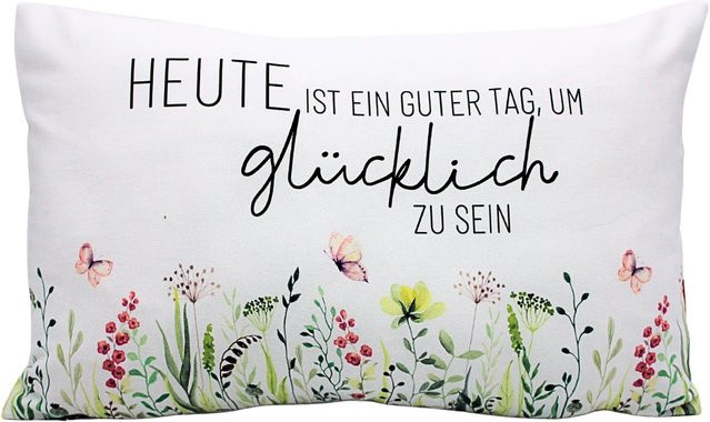 Dekohelden24 Zierkissen mit Wiese Motiv und Spruch Heute Ist Ein Guter Tag Um Glücklich Zu Sein, B/T/H: 40 x 13 x 23 cm - Bild 1