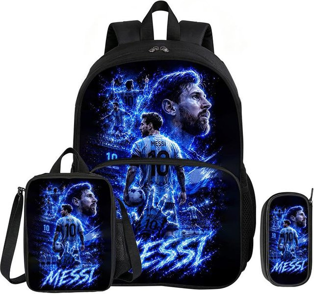Fancy Style Studio Fußballstar M-Messi Schultaschen-Set in Blau mit Rucksack, Federmäppchen und Brotdose - Bild 1