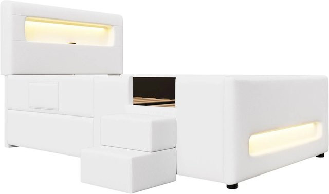 okwish Polsterbett für Kinderzimmer mit Treppe, Schubladen und LED-Unterbettbeleuchtung, Weiß, B/T/H: 90 x 200 x 120 cm - Bild 1